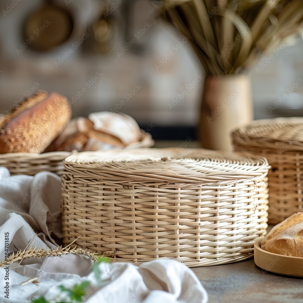 Handmade paper vine weaving technique creates beautiful, natural storage basket, perfect for organizing bread and other items in cozy kitchen setting Handmade paper vine weaving technique creates beautiful, natural storage basket, perfect for organizing bread and other items in cozy kitchen setting