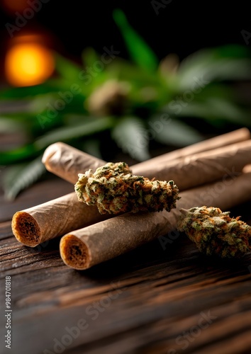 Rustic Cannabis Joint and Natural Rolling Papers on Weathered Wooden Surface with Warm Lighting