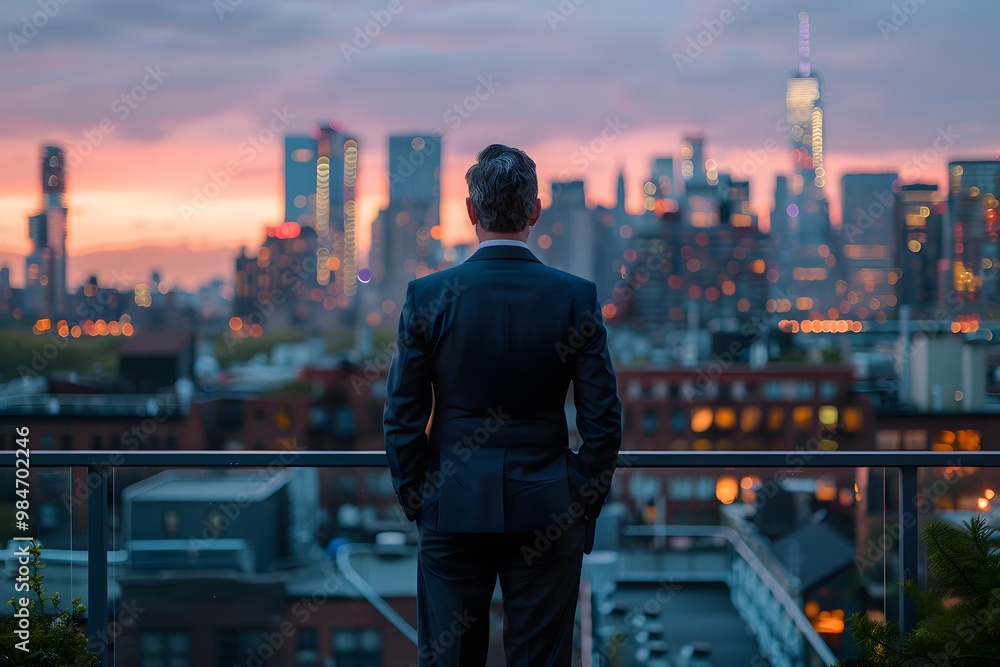 A Man in a Suit Overlooks a Stunning City Skyline at Sunset A Man in a Suit Overlooks a Stunning City Skyline at Sunset