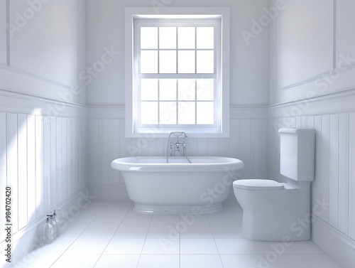 A bright and minimalist bathroom featuring white bathtub, toilet, and large window. clean lines and soft light create serene atmosphere, perfect for relaxation