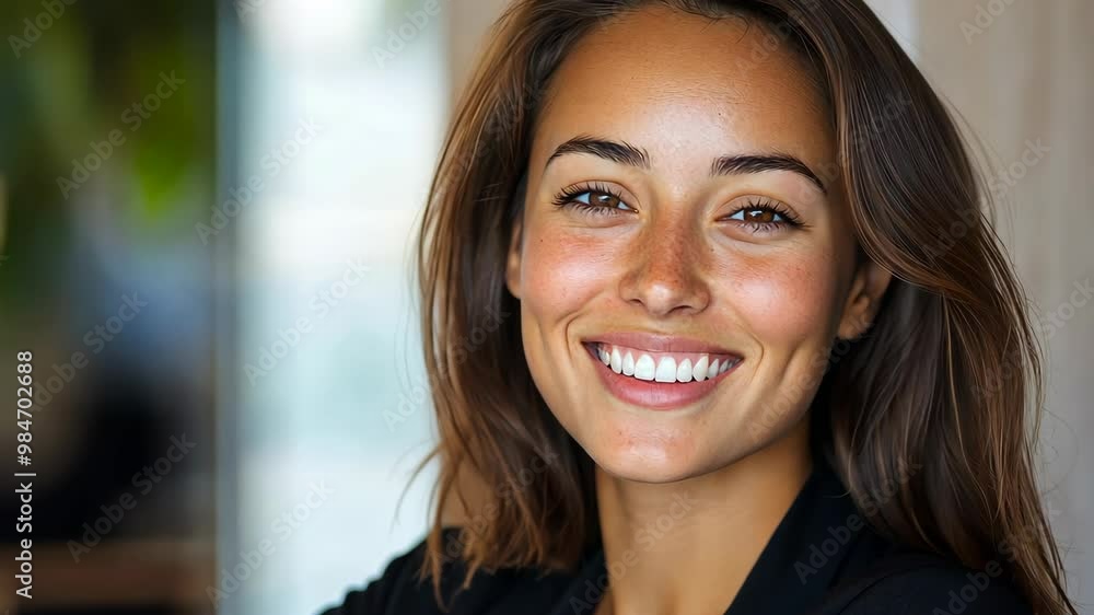 A joyful woman with long brown hair smiles warmly indoors during daylight hours in a cozy environment A joyful woman with long brown hair smiles warmly indoors during daylight hours in a cozy environment