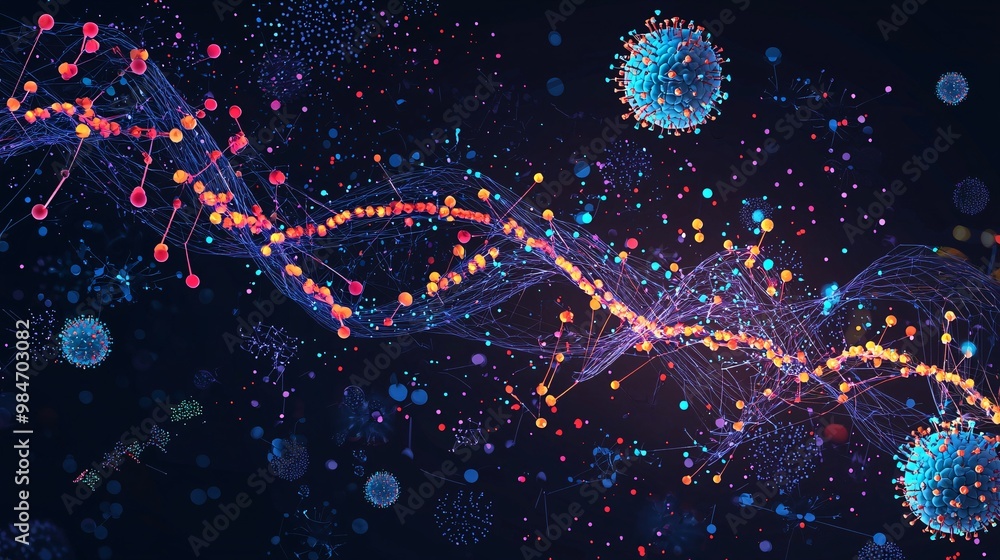 Diagram of a viral replication cycle, showing genome synthesis. Dark backdrop with bright annotations. Diagram of a viral replication cycle, showing genome synthesis. Dark backdrop with bright annotations.