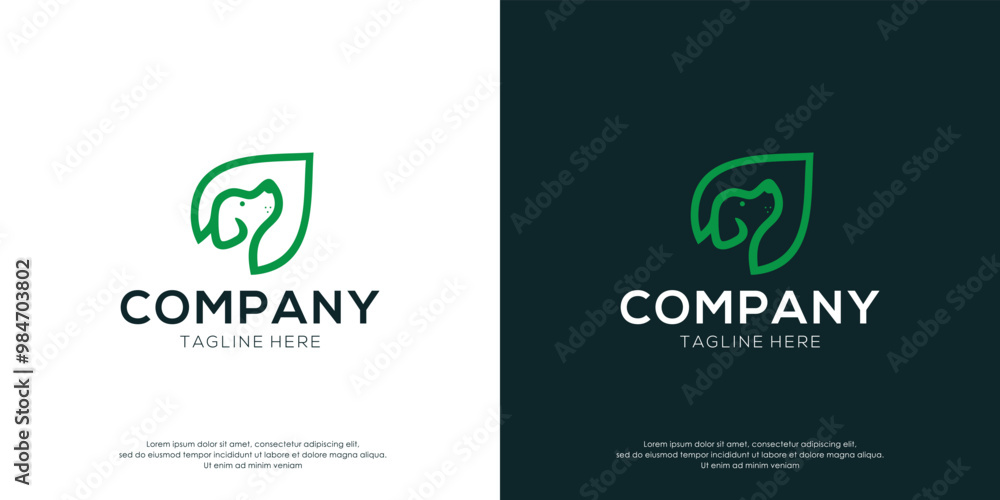 Pet care logo design template. Leaf logo with dog with line style graphic design vector illustration. Symbol, icon, creative.