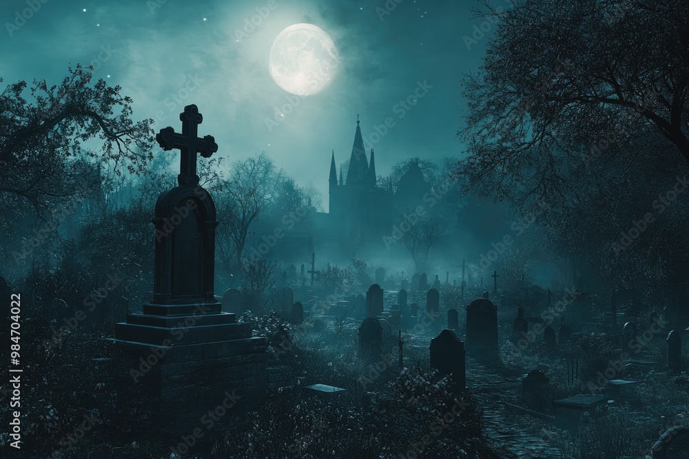 A Graveyard at Night with a Full Moon and a Church in the Distance A Graveyard at Night with a Full Moon and a Church in the Distance