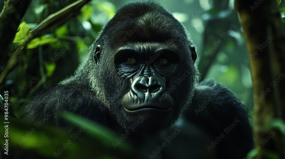 Obraz premium The western gorilla, a large and endangered ape, lives in the tropical forests of Gabon, Africa.
