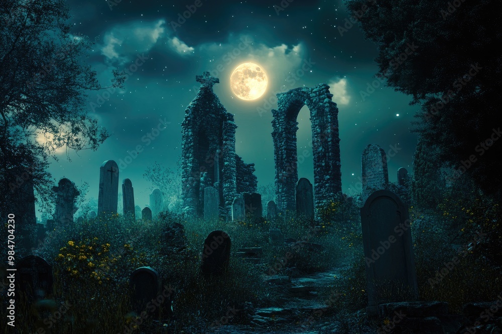 Obraz premium A Moonlit Graveyard with Ruined Stone Structure