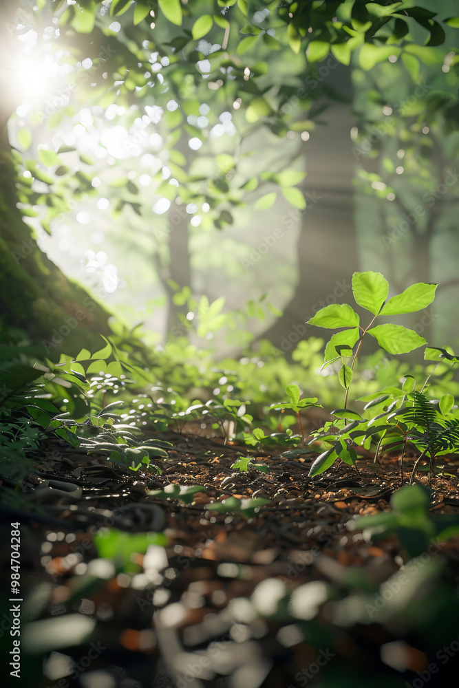 A serene forest scene showcasing lush greenery and soft sunlight filtering through leaves, creating peaceful and earthy atmosphere. ground is adorned with small plants and rich soil, embodying essence A serene forest scene showcasing lush greenery and soft sunlight filtering through leaves, creating peaceful and earthy atmosphere. ground is adorned with small plants and rich soil, embodying essence