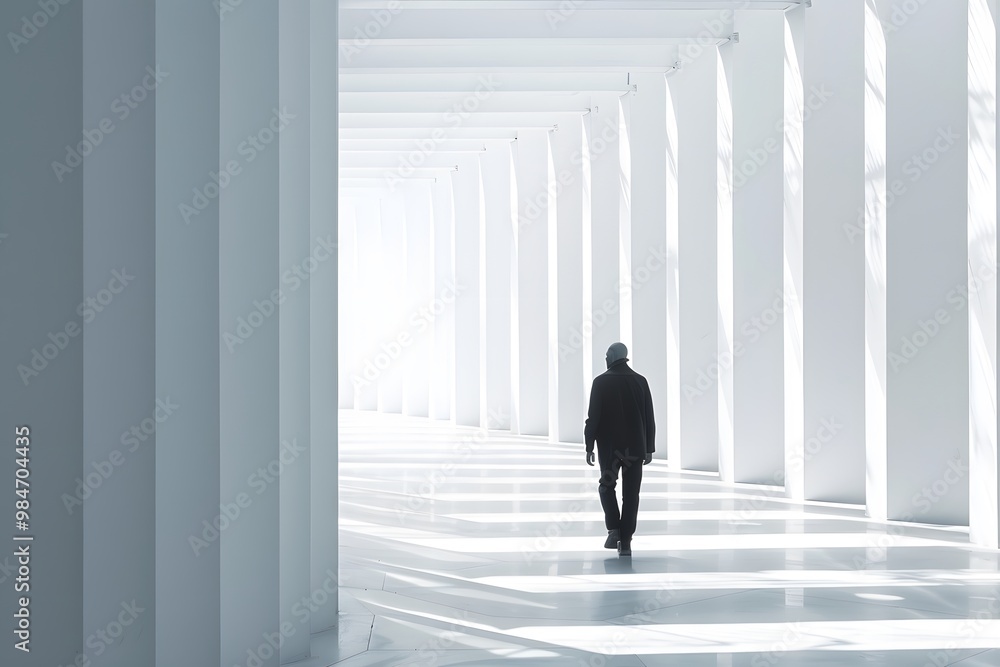 A Solitary Figure Walking Through a Minimalist White Corridor A Solitary Figure Walking Through a Minimalist White Corridor