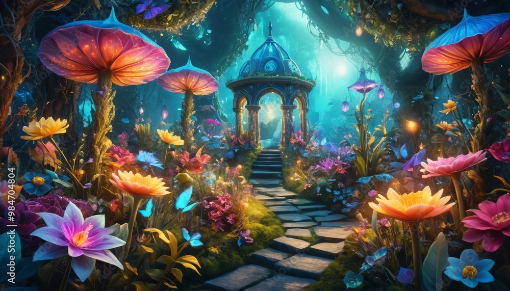 Magical Pavilion in Enchanted Forest.A beautiful pavilion surrounded by giant flowers and enchanted trees in a magical forest. Bright lights and butterflies create a fantasy atmosphere. Magical Pavilion in Enchanted Forest.A beautiful pavilion surrounded by giant flowers and enchanted trees in a magical forest. Bright lights and butterflies create a fantasy atmosphere.