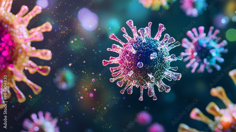 Fototapeta premium Detailed illustration of a virus budding from a host cell, showing envelope formation. Bright colors on a dark background.