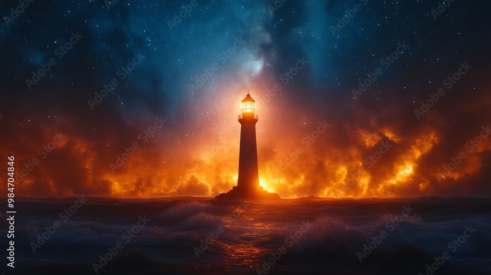 A solitary lighthouse stands tall against a dramatic stormy sky, its beacon shining brightly, providing hope and guidance. A solitary lighthouse stands tall against a dramatic stormy sky, its beacon shining brightly, providing hope and guidance.