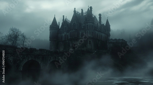 A haunted castle with its moat filled with dark, stagnant water, where strange shapes move beneath the surface.