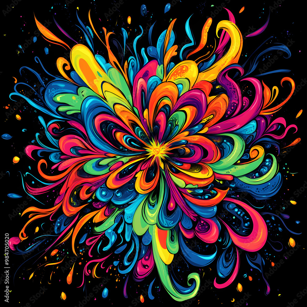Explosive Burst of Colorful Abstract Shapes in Dynamic Pop Art Style, Swirling and Twisting in a Vivid Spectrum of Neon on a Black Background Explosive Burst of Colorful Abstract Shapes in Dynamic Pop Art Style, Swirling and Twisting in a Vivid Spectrum of Neon on a Black Background