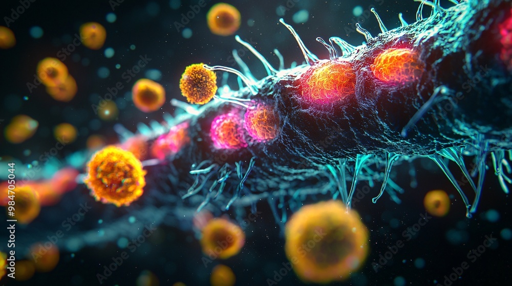 Fototapeta premium Artistic rendering of a bacterial cell wall, highlighting layers. Dark background enhances vibrant colors.