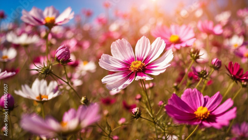 Beautiful Field of Colorful Cosmos Flowers