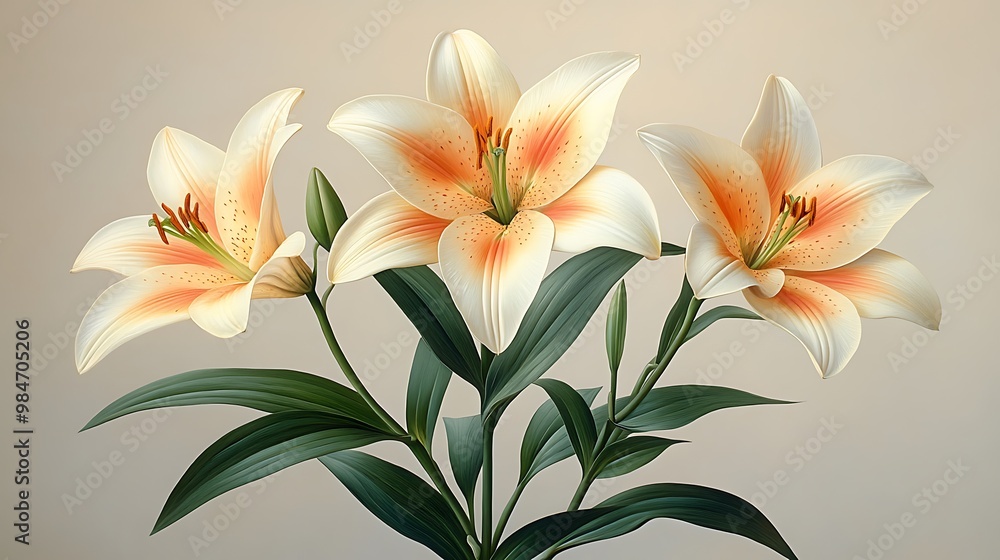 Three white lilies with orange spots and green leaves on a beige background. Three white lilies with orange spots and green leaves on a beige background.
