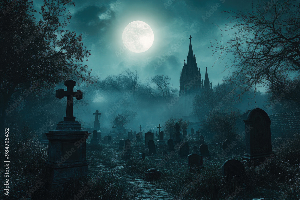 A moonlit graveyard with a gothic church in the background. A moonlit graveyard with a gothic church in the background.