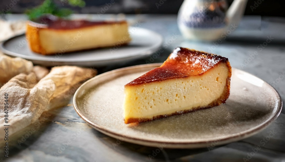 Basque Cheesecake. on a grey plate with a white texture background Basque Cheesecake. on a grey plate with a white texture background