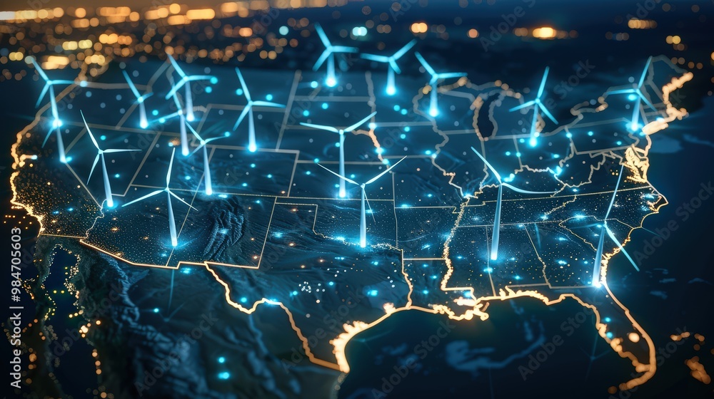 Digital map of the United States with wind turbines and city lights at night, digital network connections connecting cities across America Digital map of the United States with wind turbines and city lights at night, digital network connections connecting cities across America
