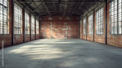 A vast empty old warehouse interior in industrial loft style, with weathered brick walls, a sturdy concrete floor. Abandoned Warehouse. Illustration