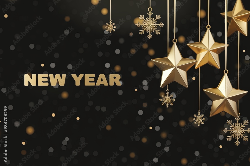 Black background with golden stars and snowflakes, New Year and Christmas concept. Black background with golden stars and snowflakes, New Year and Christmas concept.