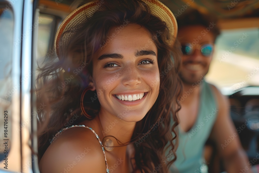 Joyful Moments on a Summer Road Trip: A Smiling Woman and Her Companion in a Vintage Van Joyful Moments on a Summer Road Trip: A Smiling Woman and Her Companion in a Vintage Van