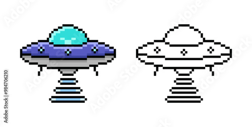 UFO in Pixel Art. Flying saucer in retro style. Vector illustration
