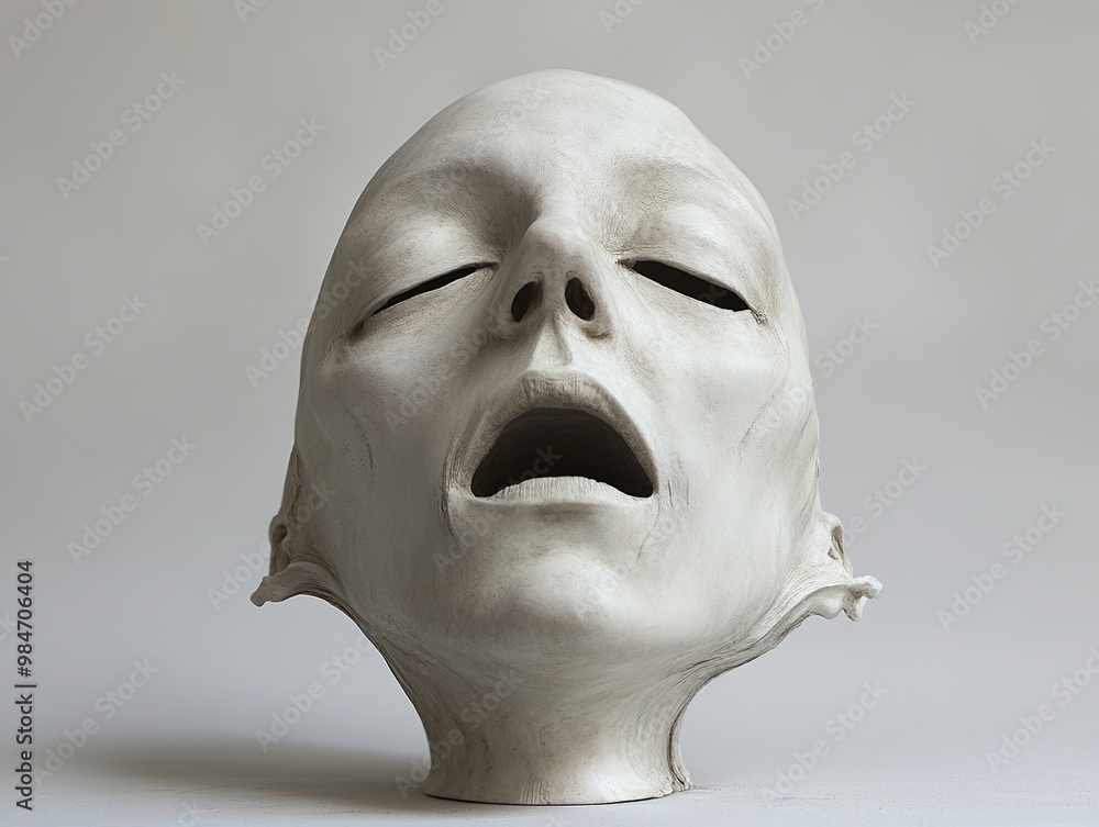 White Sculpture of a Human Head with Closed Eyes and Open Mouth White Sculpture of a Human Head with Closed Eyes and Open Mouth