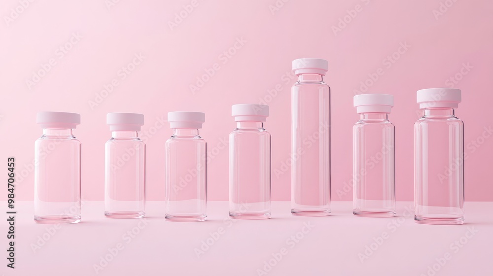 Seven clear glass vials with white caps lined up on a pink background. Seven clear glass vials with white caps lined up on a pink background.
