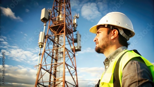 Telecommunication engineer is standing near a cellular tower mast and looking away