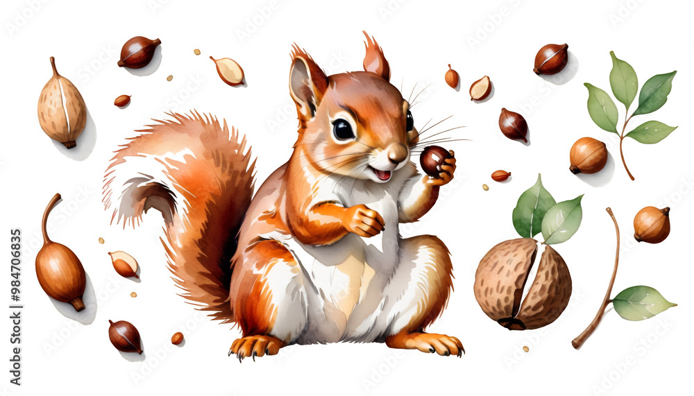 hand holding white squirrel drawn olated watercolor nut animal illustration background isolated greeting baby white curious red mammal squirrel nut fluffy cute portrait small illustration forest
