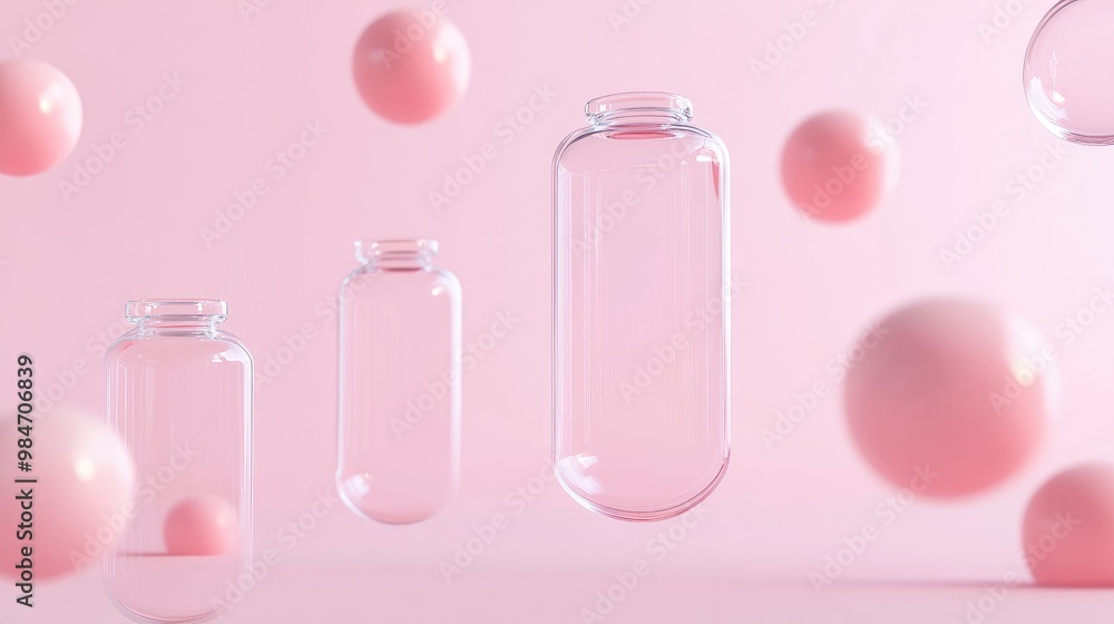 Floating glass jars and pink spheres on a pink background. Floating glass jars and pink spheres on a pink background.