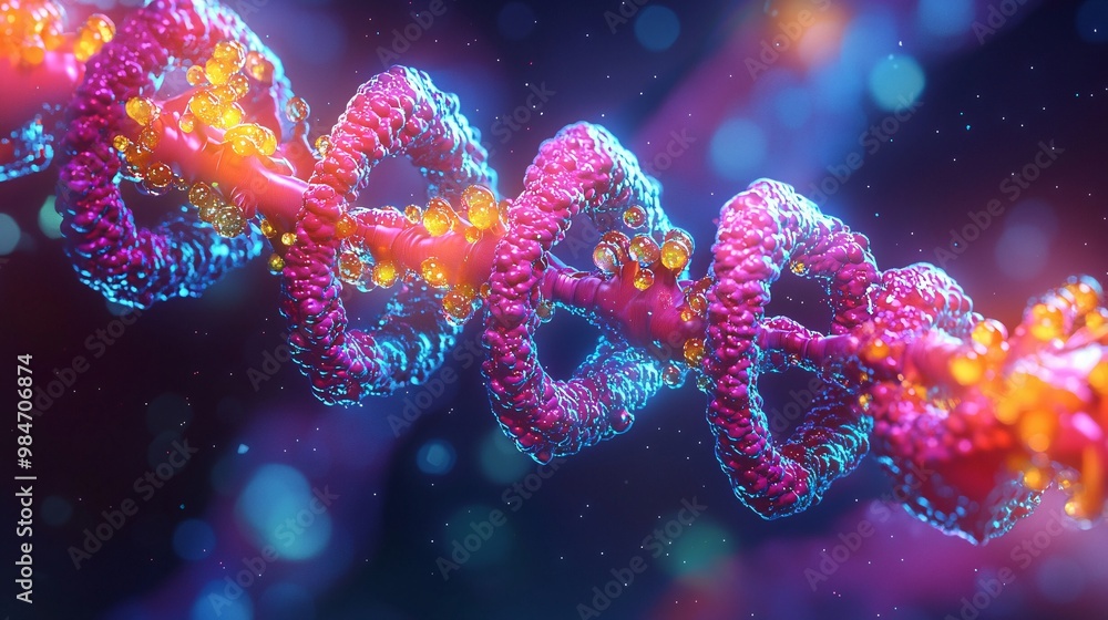 Artistic rendering of a bacterial plasmid, showing DNA structure. Dark background enhances vibrant colors. Artistic rendering of a bacterial plasmid, showing DNA structure. Dark background enhances vibrant colors.
