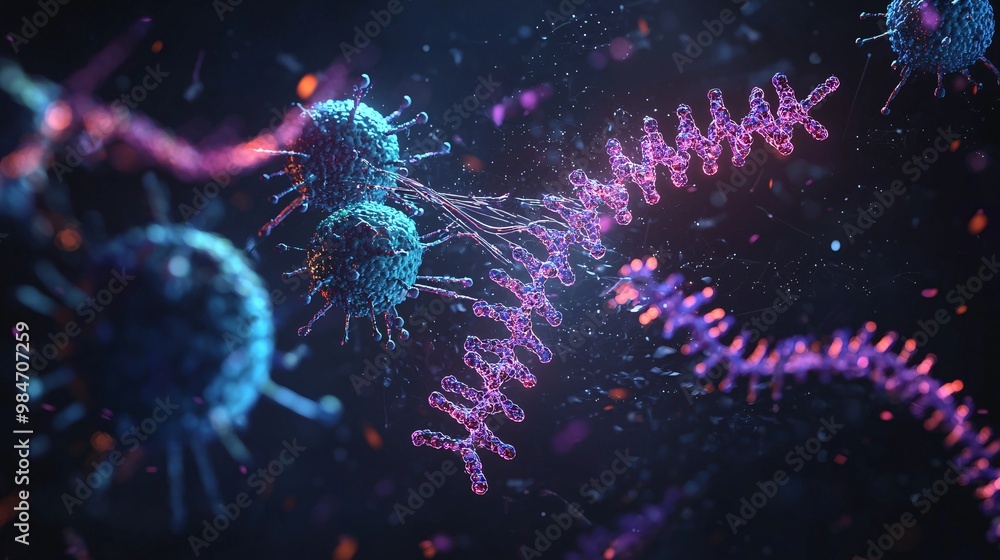 Obraz premium Microscopic View of Cells and DNA