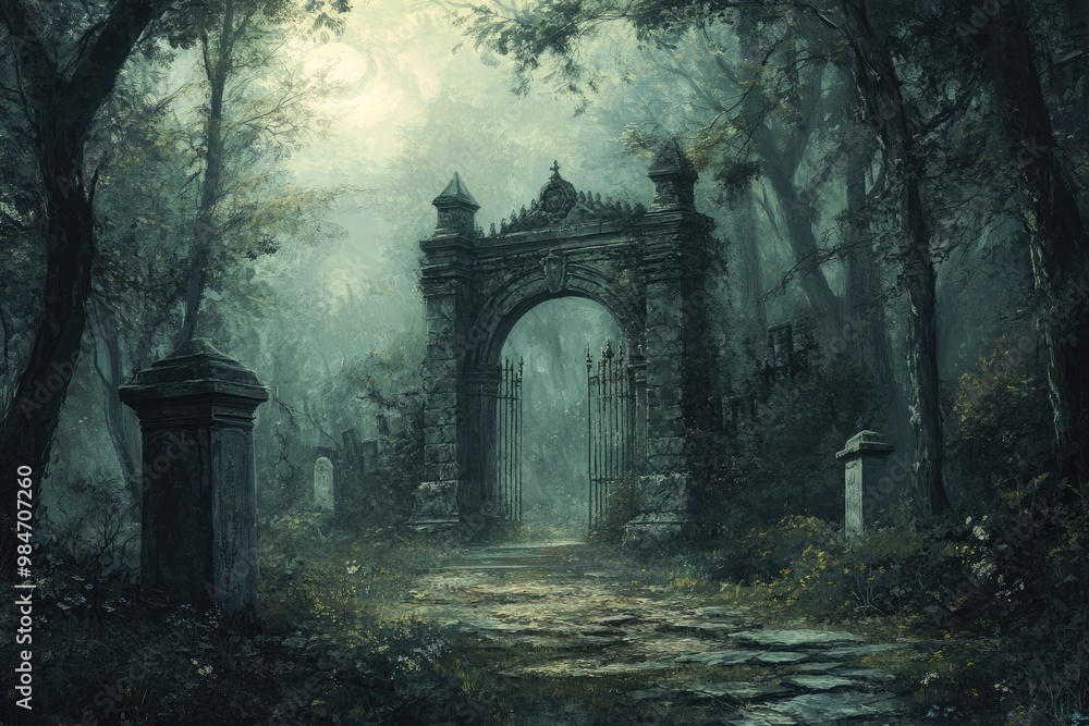 Obraz premium Stone Archway Leading Through a Foggy Forest