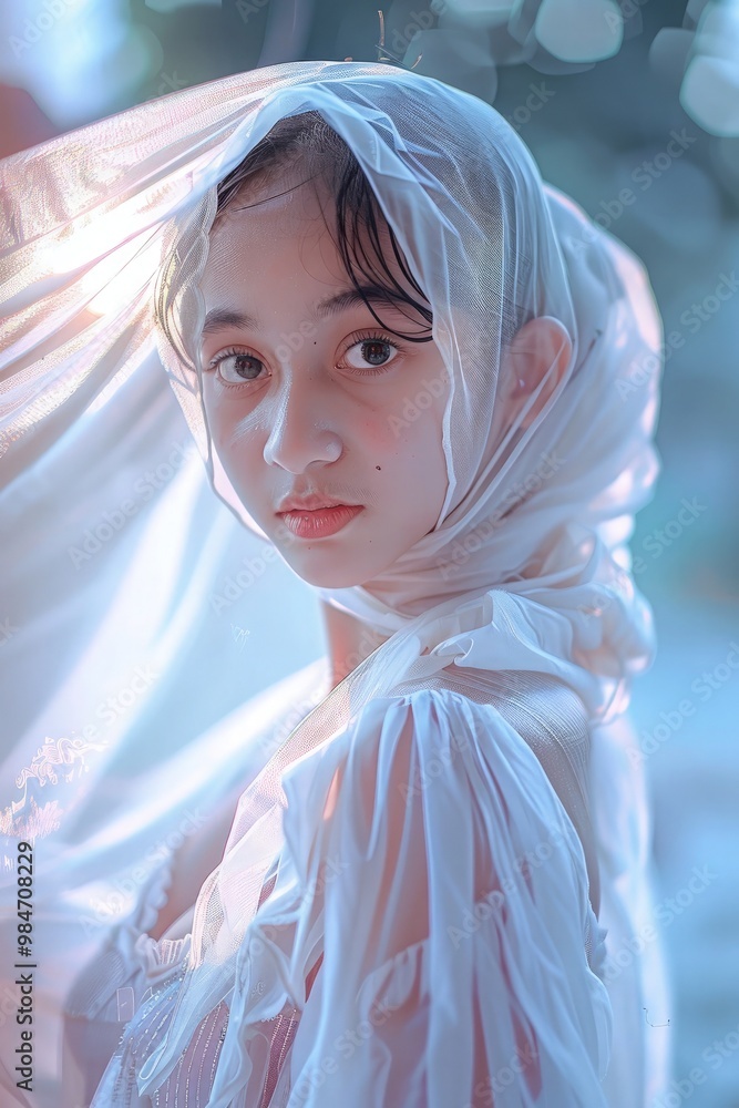Beautiful Asian woman in all white clothes and a veil, smiling sweetly at the camera against a solid white background Beautiful Asian woman in all white clothes and a veil, smiling sweetly at the camera against a solid white background