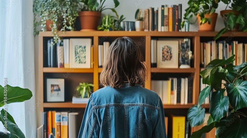 A Cozy Reading Nook with Bookshelves and Potted Plants A Cozy Reading Nook with Bookshelves and Potted Plants
