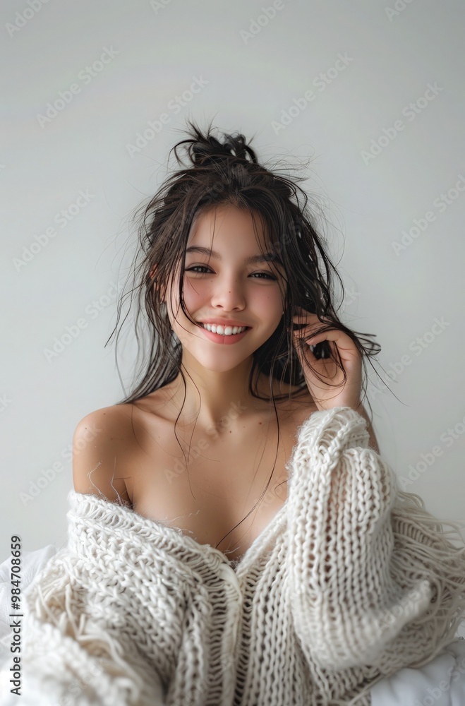 Young Korean female model in casual clothes smiling in a high-quality photoshoot. Asian model photograph. Young Korean female model in casual clothes smiling in a high-quality photoshoot. Asian model photograph.