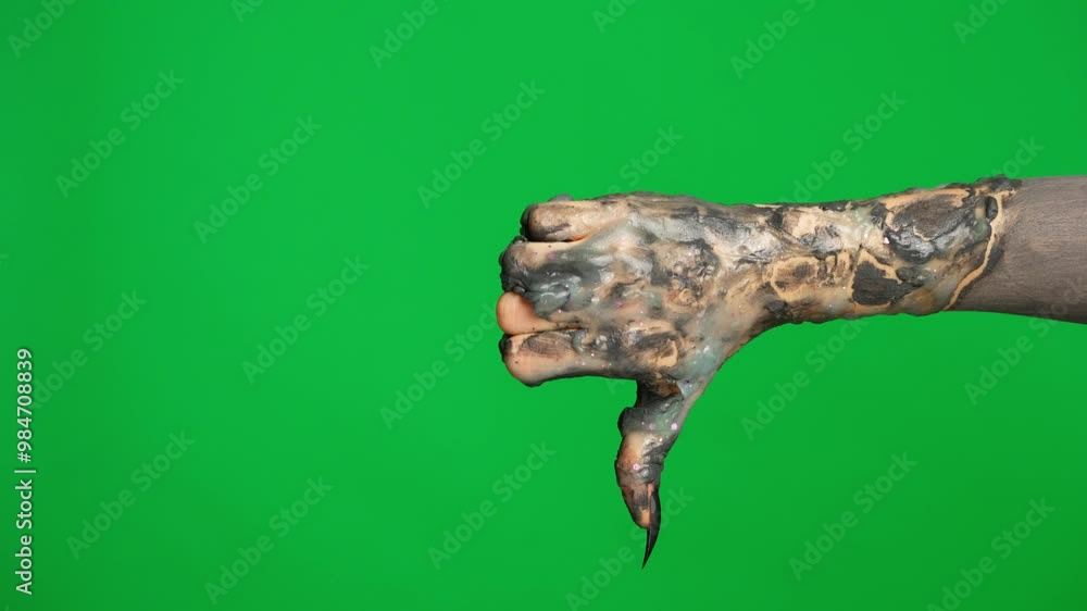 Creepy halloween monster hand in black paint with nails shows thumb down bad sign, isolated on chroma key green screen background, workspace mockup. Creepy halloween monster hand in black paint with nails shows thumb down bad sign, isolated on chroma key green screen background, workspace mockup.