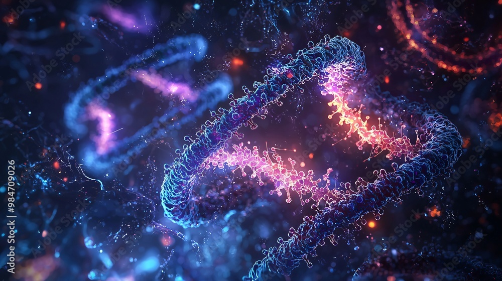 Diagram of a viral replication cycle, showing genome synthesis. Dark backdrop with bright annotations. Diagram of a viral replication cycle, showing genome synthesis. Dark backdrop with bright annotations.
