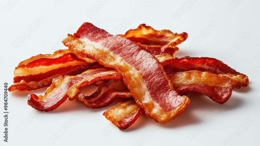 Crispy bacon strips on a white background, perfect for culinary projects and food-related content. Crispy bacon strips on a white background, perfect for culinary projects and food-related content.