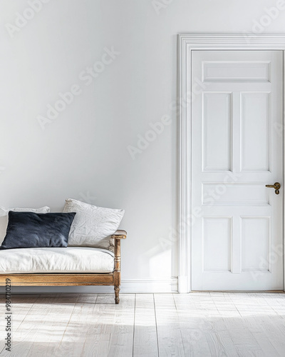 Bright and airy living room with a vintage wooden sofa and a closed white door during daylight photo