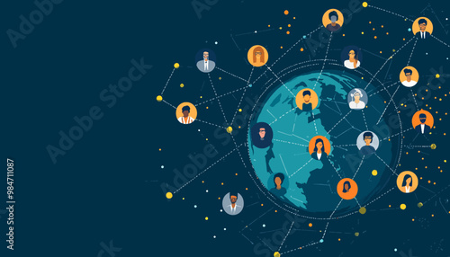 International Teamwork, diverse professionals linked by digital connections on a stylized globe