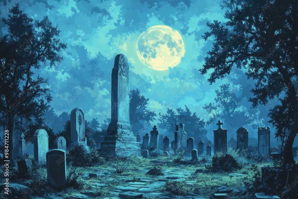 A moonlit graveyard with tall tombstones and a path leading into the darkness. A moonlit graveyard with tall tombstones and a path leading into the darkness.