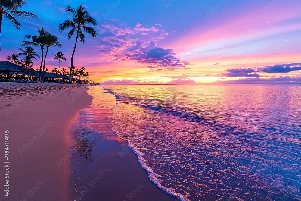 A tranquil beach at sunset, with soft pink and purple hues reflecting off the calm ocean A tranquil beach at sunset, with soft pink and purple hues reflecting off the calm ocean