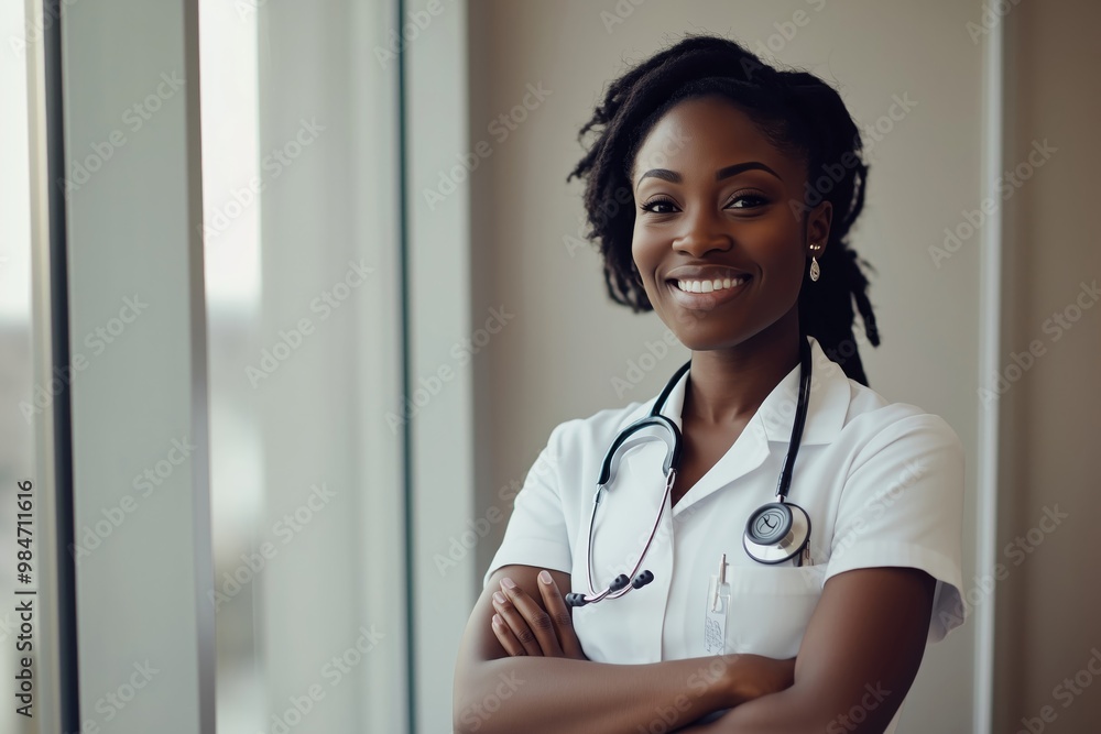 Confident Female Doctor Standing with Arms Crossed in Hospital for Trusted Medical Professional Confident Female Doctor Standing with Arms Crossed in Hospital for Trusted Medical Professional
