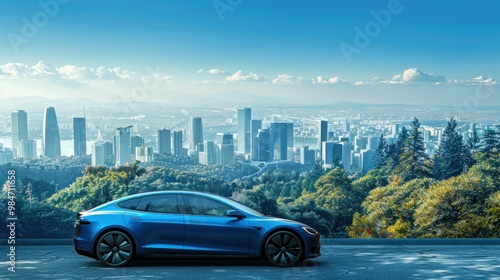 Fototapeta Naklejka Na Ścianę i Meble -  A sleek blue electric car parked on a scenic overlook with a vibrant city skyline in the background under a clear blue sky