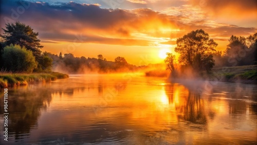 Warm sunset glow illuminating mist rising from serene river, sunset, glow, mist, river, dramatic, illuminating, warm