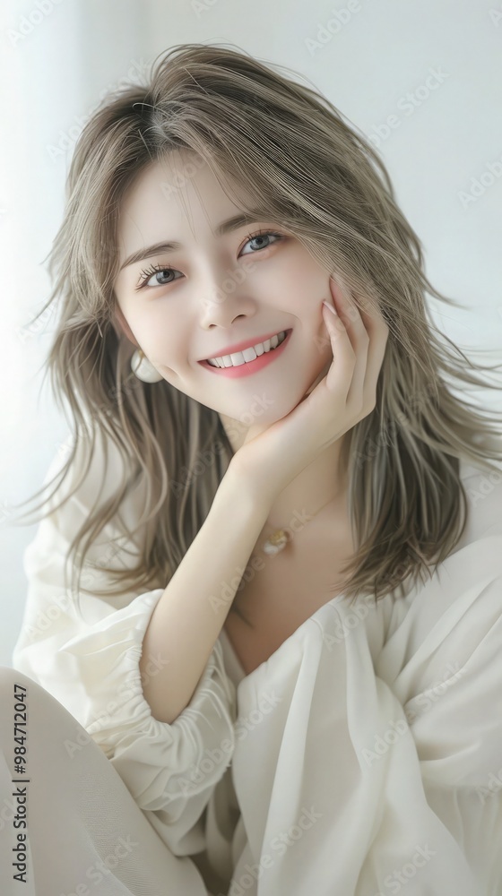 Youthful, pretty K-POP idol smiling, hugging her legs, ultra-realistic studio shot, white background, quality detail. Youthful, pretty K-POP idol smiling, hugging her legs, ultra-realistic studio shot, white background, quality detail.