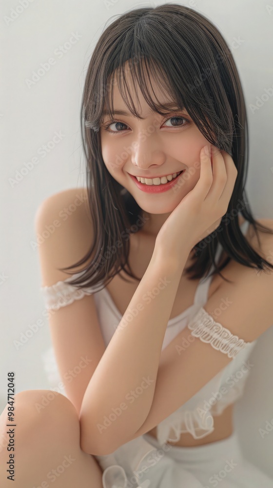 Youthful, pretty K-POP idol smiling, hugging her legs, ultra-realistic studio shot, white background, quality detail. Youthful, pretty K-POP idol smiling, hugging her legs, ultra-realistic studio shot, white background, quality detail.